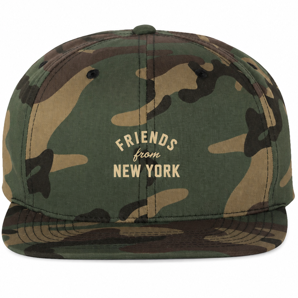Green camouflage Friends From New York snapback with a tan classic logo on the front.