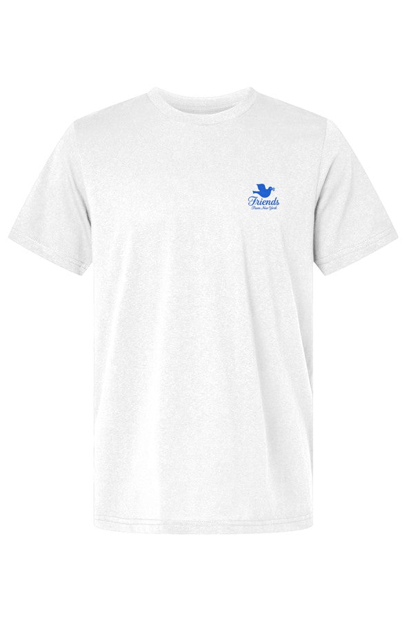 Alt text: White Friends From New York T-shirt with a small blue dove logo on the left chest.