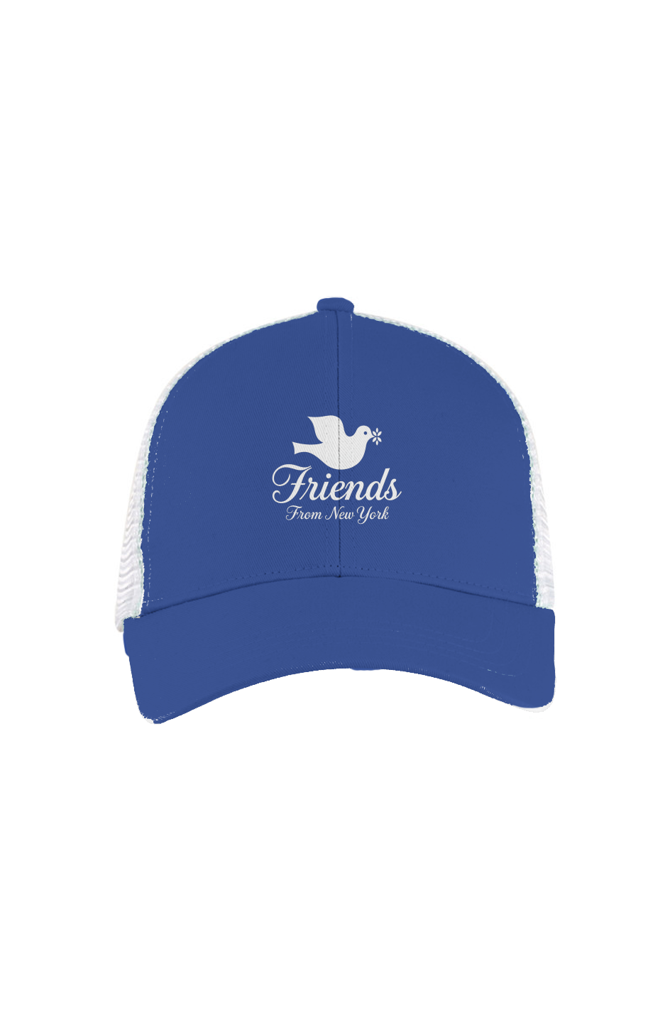 Eco TruBlue and white Friends From New York trucker hat with white dove graphic and centered logo on the front.cker Hat