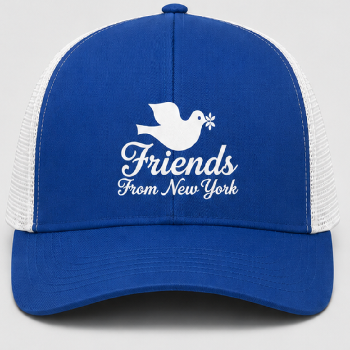 Royal blue and white mesh Friends From New York trucker hat with a white dove and script transfer graphic on the front.