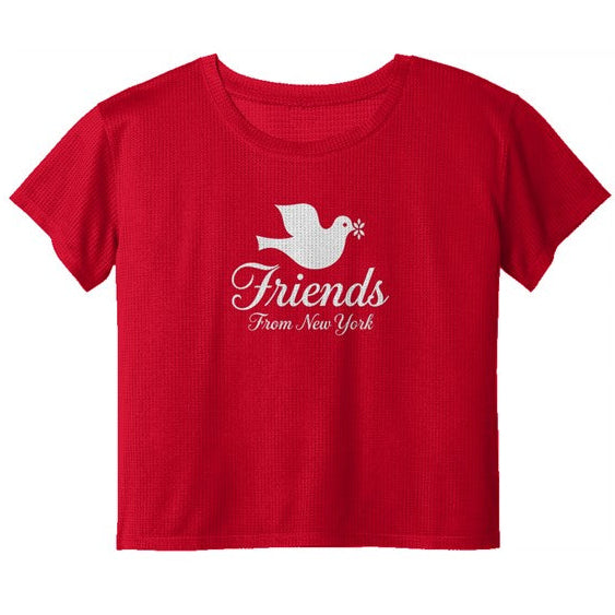 Red cropped performance tee with white Friends From New York dove logo