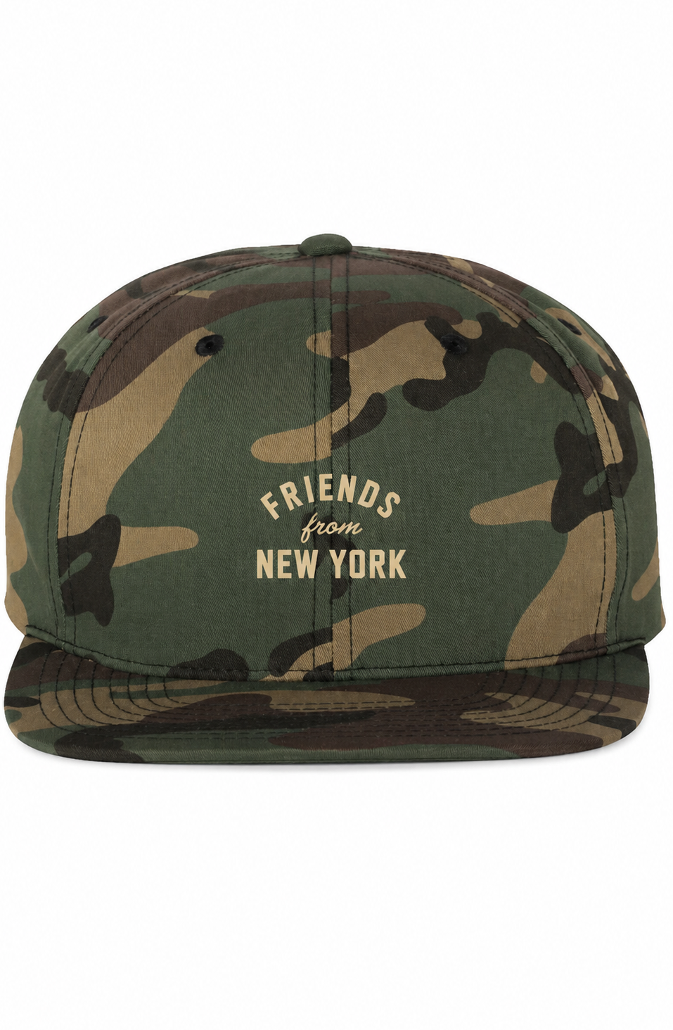 Green camouflage Friends From New York snapback with a tan classic logo on the front.