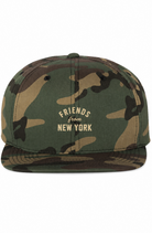 Green camouflage Friends From New York snapback with a tan classic logo on the front.