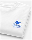Folded white Friends From New York T-shirt with a blue dove and script logo printed on the left chest.