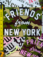 Oversized Friends From New York vinyl sticker in woodland camouflage with white lettering, shown beside a measuring tape.