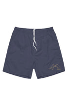 Blue Friends From New York beach shorts with a small rat and pigeon graphic on the lower front leg.