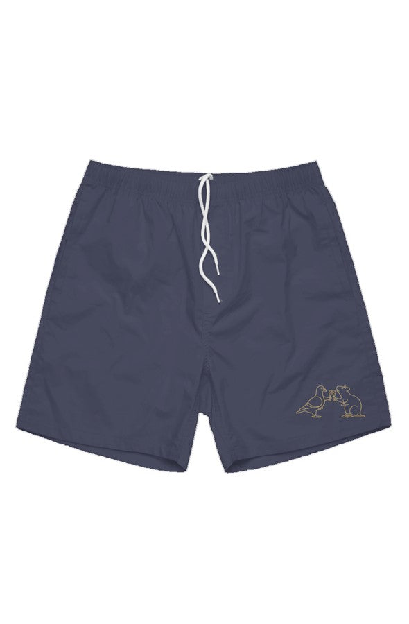 Blue Friends From New York beach shorts with a small rat and pigeon graphic on the lower front leg.