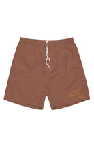 Clay Friends From New York beach shorts with a small rat and pigeon graphic on the lower front leg.