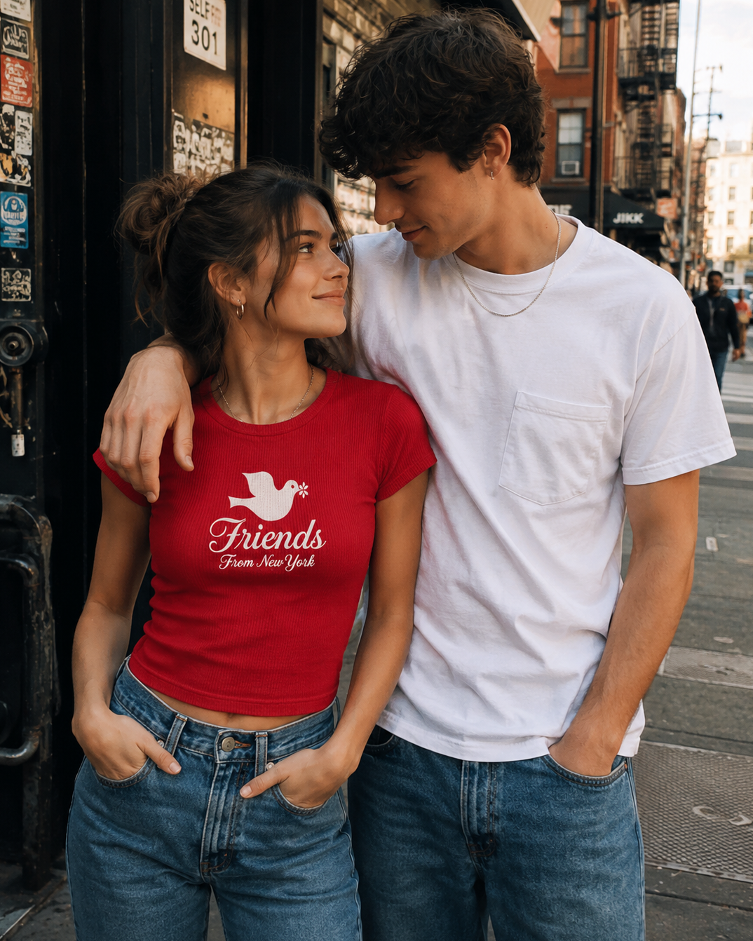 Model wearing red FFNY Friendship Crop Tee in New York
