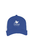 Eco TruBlue and white Friends From New York trucker hat with white dove graphic and centered logo on the front.cker Hat