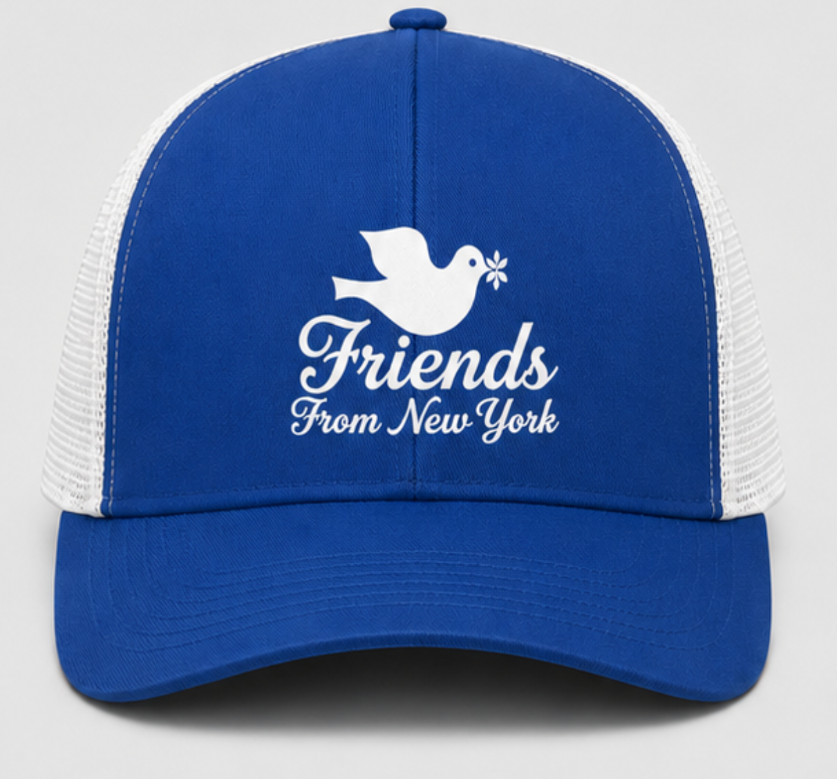 Royal blue and white mesh Friends From New York trucker hat with a white dove and script transfer graphic on the front.