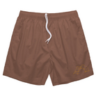 Khaki cotton beach shorts with orange embroidered rat and pigeon on the left leg