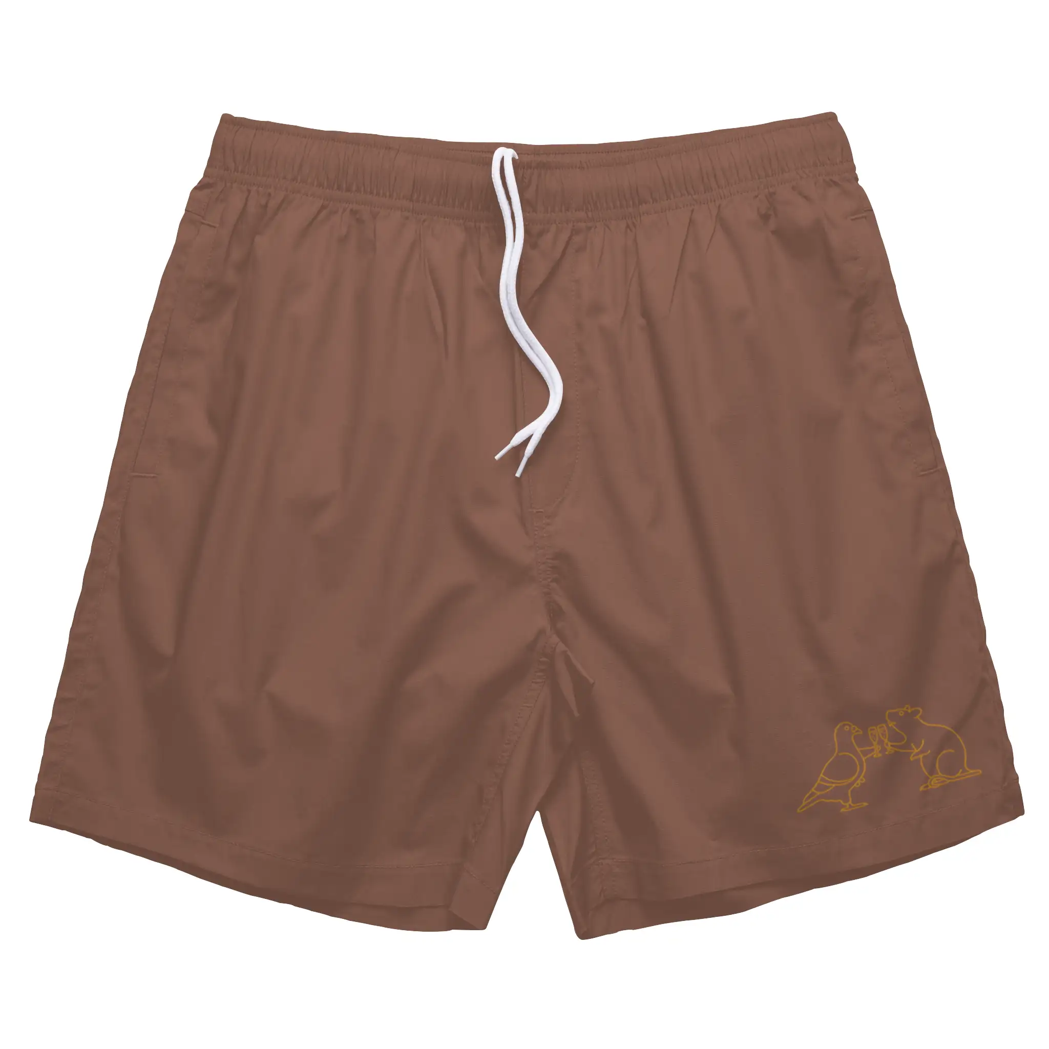 Khaki cotton beach shorts with orange embroidered rat and pigeon on the left leg