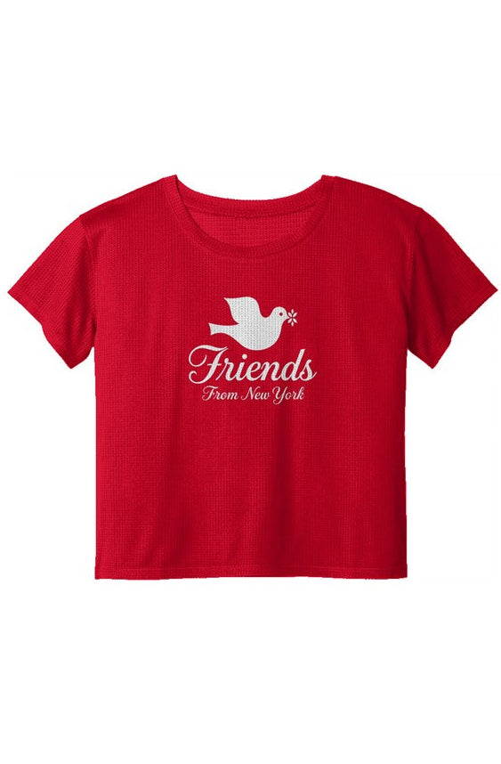 Red cropped performance tee with white Friends From New York dove logo
