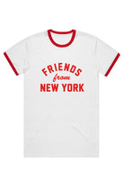 White ringer T-shirt with red trim and red Friends From New York graphic