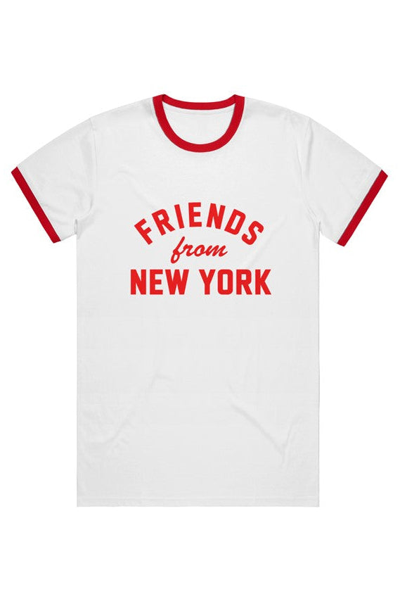 White ringer T-shirt with red trim and red Friends From New York graphic